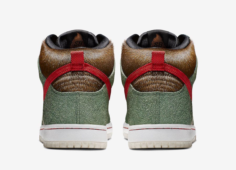Nike SB dunk high og dog walker edition, Mix colors pattern, white midsole, white laces, pattern mix of materials, back view, 4/20 edition OG dog walker