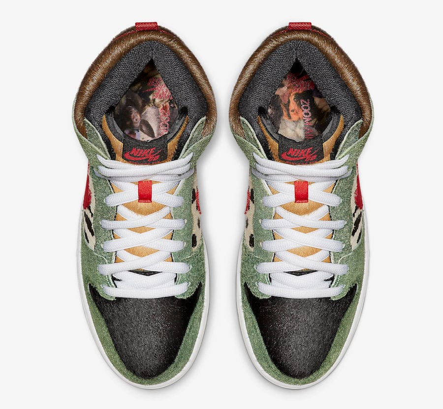 Nike SB dunk high og dog walker edition, in sole design, Mix colors pattern, white midsole, white laces, pattern mix of materials, 4/20 edition OG dog walker