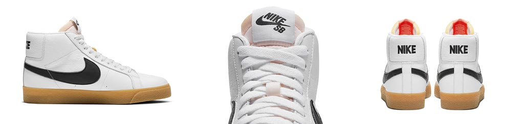nike sb orange label blazer shoes, white leather, black nike swoosh full view, gum sole, white background