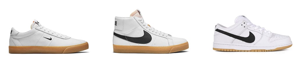 nike sb orange label white and gum shoes, blazer, bruin, dunk, white leather, gum sole,white background