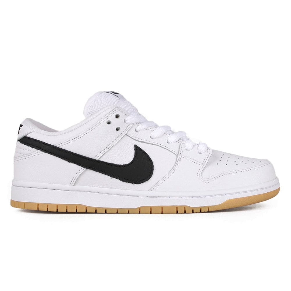 nike sb dunk orange label white and gum shoes, black nike swoosh, white background