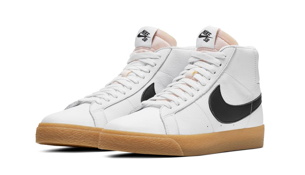 nike sb orange label white and gum blazer, white leather, black nike swoosh, gum sole,white background